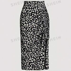 🌈 NWOT Ditzy Floral Midi Skirt with Side Slit and Tie Gather Daisy Print